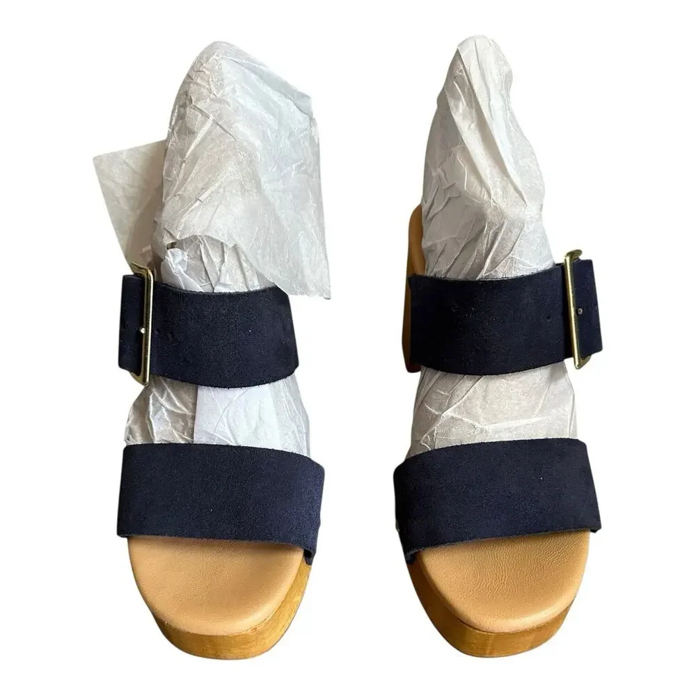 Avellini Navy Suede Leather Wooden Heels Sandals Heels Size US 7.5 Made in Italy